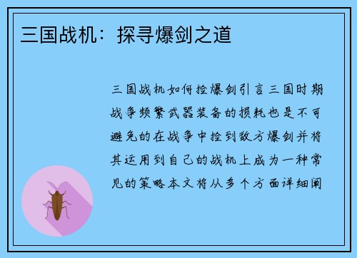 三国战机：探寻爆剑之道